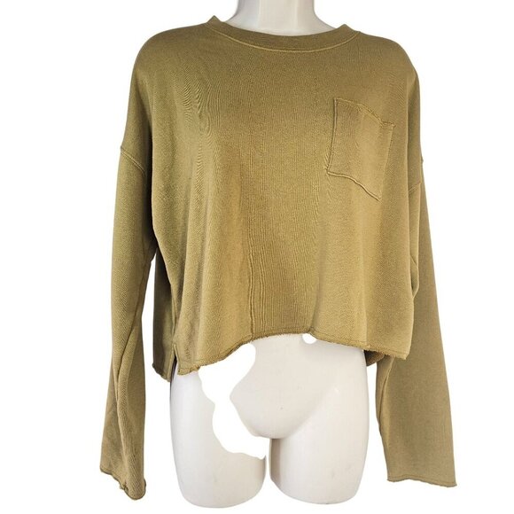 Aerie Cropped Boatneck Sweatshirt Womens Size M Olive Cotton Blnd Raw Hem - Picture 5 of 6